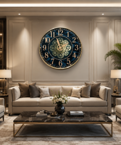 Mega Shop luxury royal blue marble wall clock with moving gears