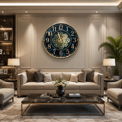 luxury royal blue marble wall clock with moving gears