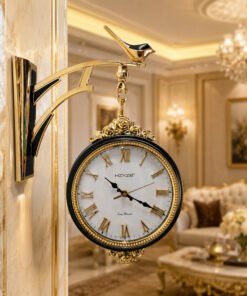 double sided royal black & gold wall clock with bird bracket –