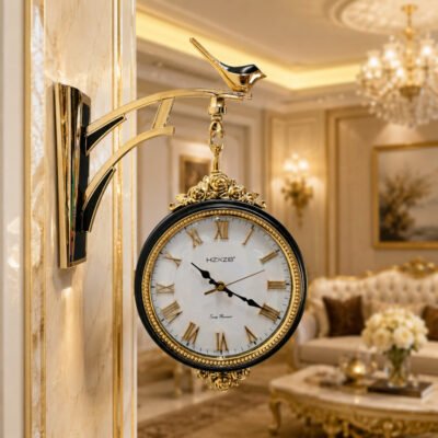 double sided royal black & gold wall clock with bird bracket –