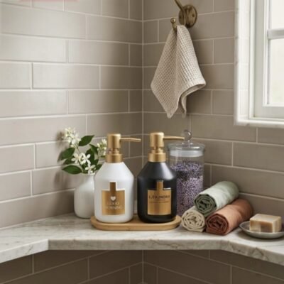 luxury matte dispenser set with bamboo tray