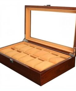 Mega Shop wooden watch box case organizer display for men women 12 slots wood box with large clear glass