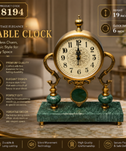 Table Clock with Emerald Green Marble Base and Brass Accents