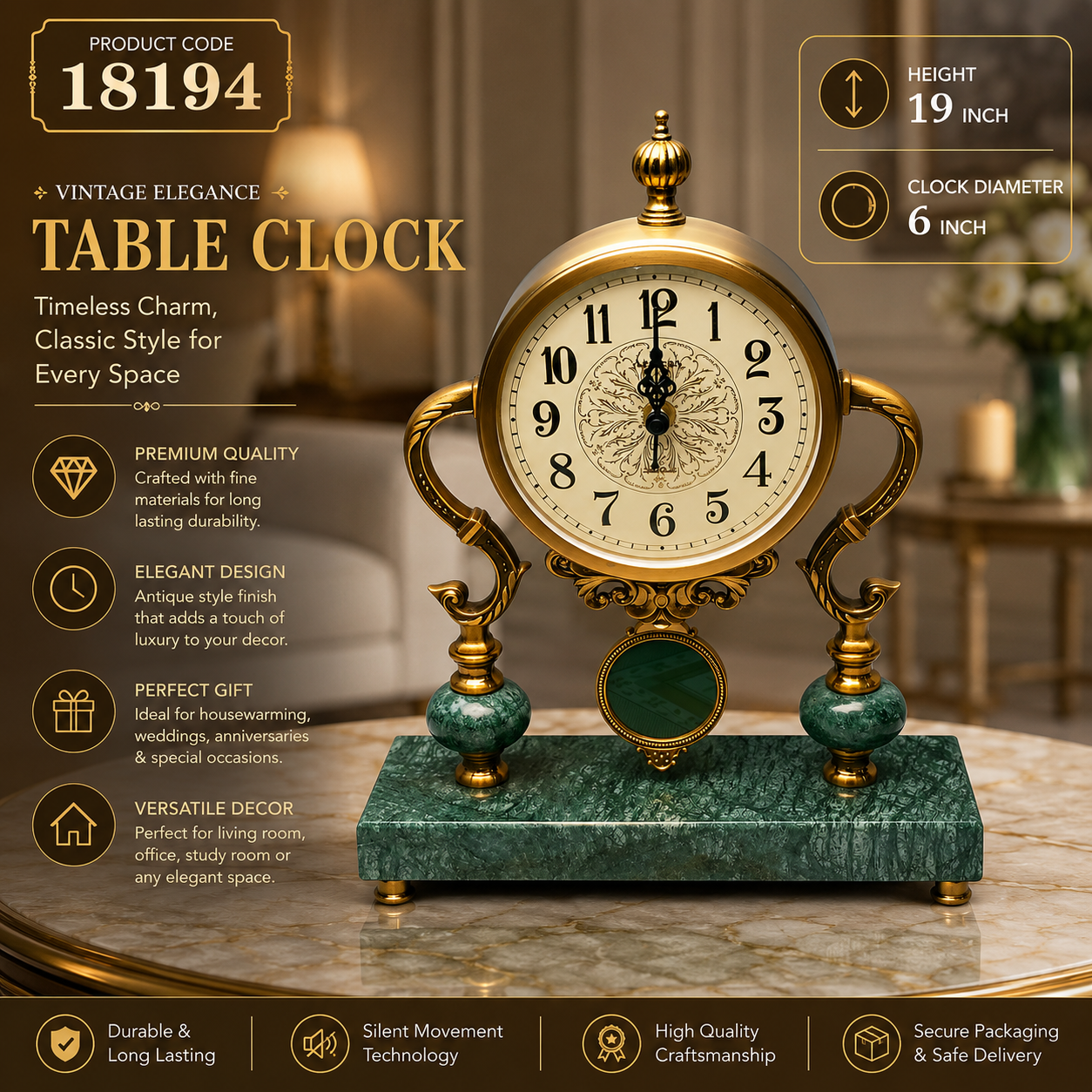 Table Clock with Emerald Green Marble Base and Brass Accents Table Clock with Emerald Green Marble Base and Brass Accents