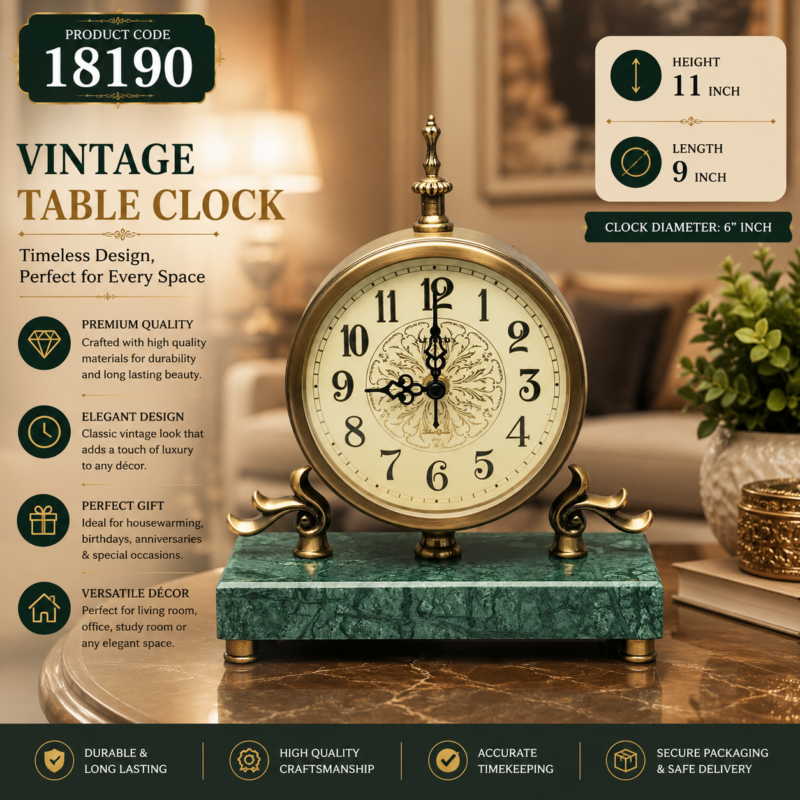 Gold Mantel Clock with Emerald Green Faux