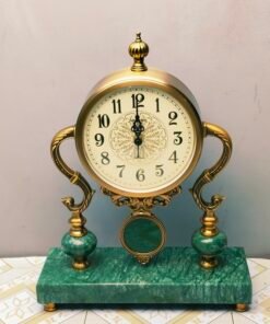 Table Clock with Emerald Green Marble Base and Brass Accents