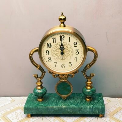 Premium Antique Style Table Clock with Emerald Green Marble Base and Brass Accents Table Clock with Emerald Green Marble Base and Brass Accents