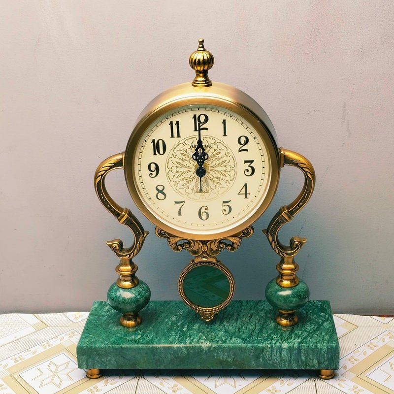 Table Clock with Emerald Green Marble Base and Brass Accents Table Clock with Emerald Green Marble Base and Brass Accents