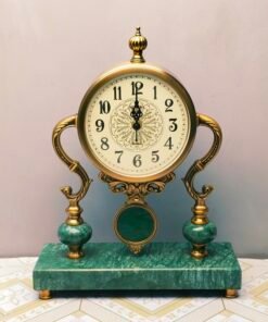 Table Clock with Emerald Green Marble Base and Brass Accents Table Clock with Emerald Green Marble Base and Brass Accents