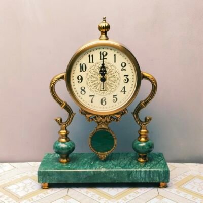 Premium Antique Style Table Clock with Emerald Green Marble Base and Brass Accents Table Clock with Emerald Green Marble Base and Brass Accents