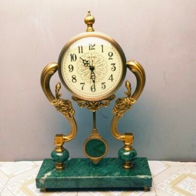 Ornate Golden Brass and Emerald Marble Desk Clock with Sculpted Floral Accents Marble Desk Clock with Sculpted Floral Accents