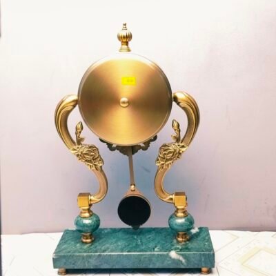 Ornate Golden Brass and Emerald Marble Desk Clock with Sculpted Floral Accents Marble Desk Clock with Sculpted Floral Accents