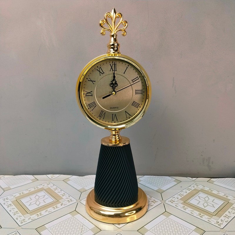Premium Vintage Gold Table Clock with Black Spiral Base Premium Vintage Gold Table Clock with Black Spiral Base