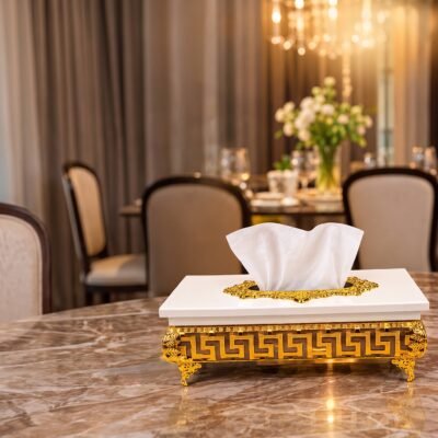 Premium Ornate Wooden Tissue Box Gold & White gemini generated image o1my34o1my34o1my