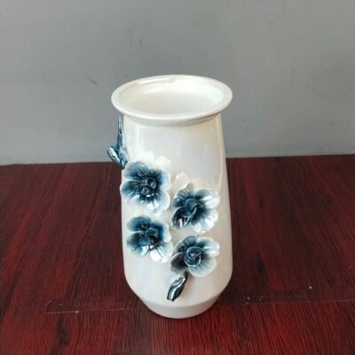 Ceramic Flower Vase with 3D Blue Floral Accents