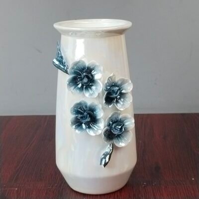 Ceramic Flower Vase with 3D Blue Floral Accents Ceramic Flower Vase with 3D Blue Floral Accents