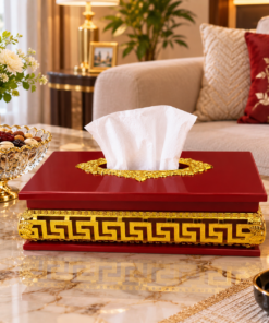 Wooden Tissue Box with Gold Greek