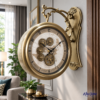 Antique Brushed Brass Double Sided Station Wall Clock Vintage World Map Dial with Exposed Gear Design