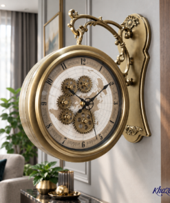 Antique Brushed Brass Double Sided Station Wall Clock Vintage World Map Dial with Exposed Gear Design