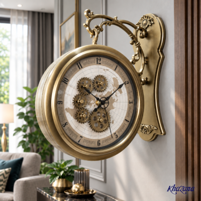 Antique Brushed Brass Double Sided Station Wall Clock Vintage World Map Dial with Exposed Gear Design