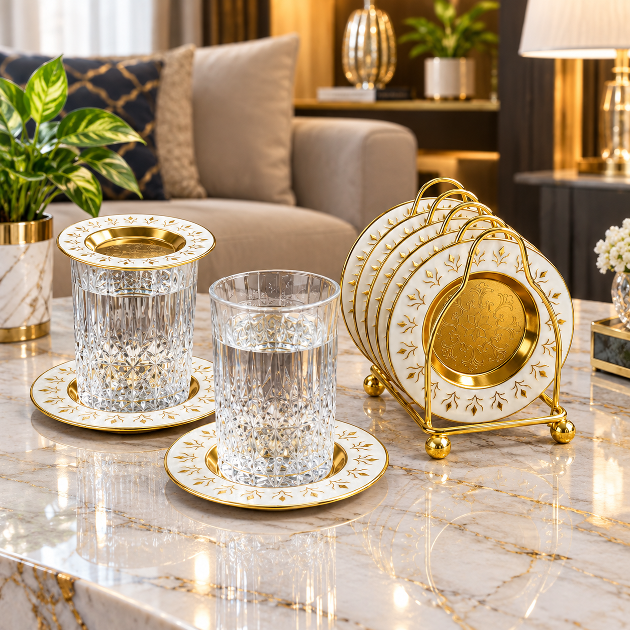 White and Gold Ornate Leaf Motif Mini Serving Plate Set White and Gold Ornate Leaf Motif Mini Serving Plate Set