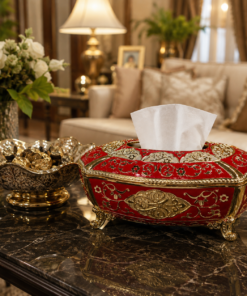 Ornate Vintage Red & Gold Metal Tissue Box with Feet
