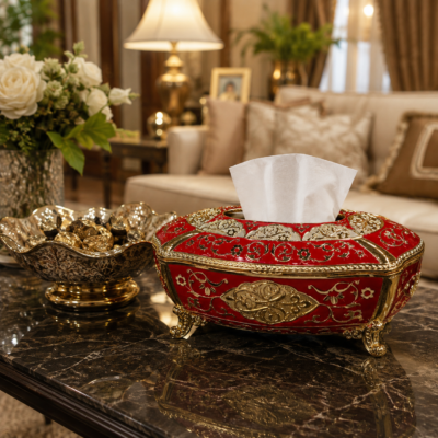Ornate Vintage Red & Gold Metal Tissue Box with Feet