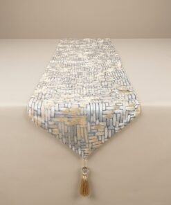 Luxury Brick Mosaic Jacquard Table Runner Slate Grey and Muted Gold