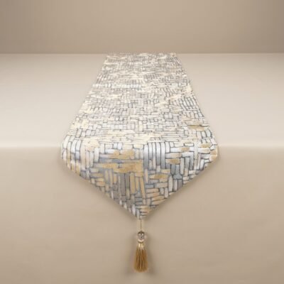 Luxury Brick Mosaic Jacquard Table Runner Slate Grey and Muted Gold