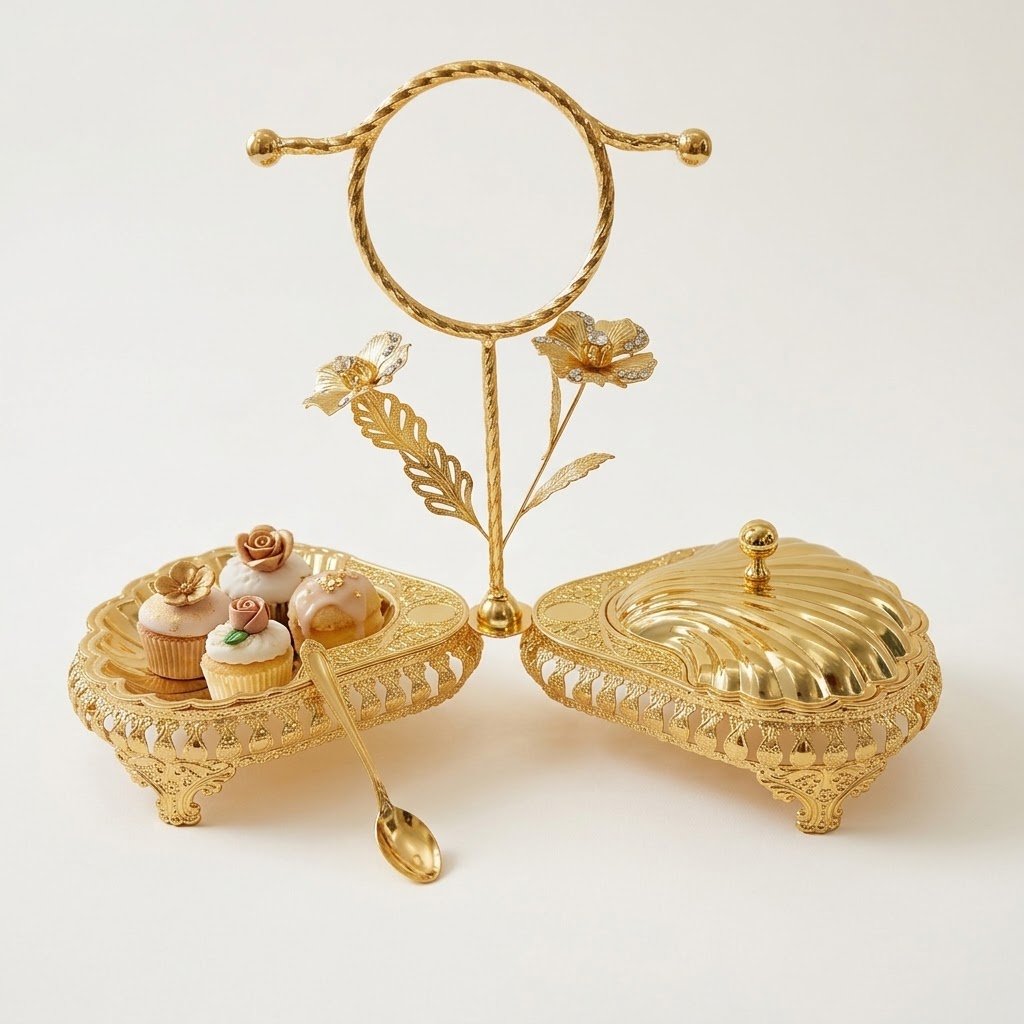 Luxury Golden Seashell Dual Serving Bowls with Center Handle and Lids Luxury Golden Seashell Dual Serving Bowls with Center Handle and Lids