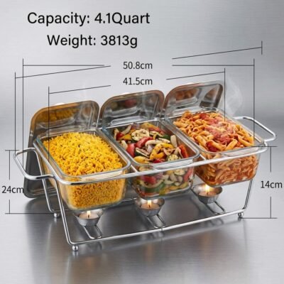 3 bowl glass buffet food warmer and chafing dish set