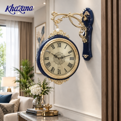 Royal Midnight Blue and Gold Double Sided Station Wall Clock Vintage Victorian Hanging Clock