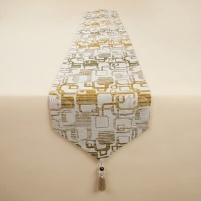 Luxury Modern Geometric Jacquard Table Runner with Crystal Bead Tassel Mustard Gold and Cream Modern Geometric Jacquard Table Runner