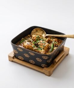 Luxury Matte Black Ceramic Square Serving Bowl with Natural Wooden Base