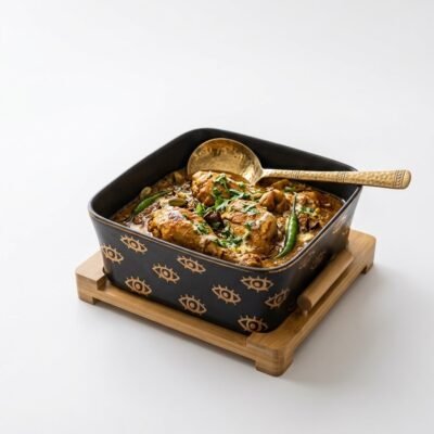 Luxury Matte Black Ceramic Square Serving Bowl with Natural Wooden Base