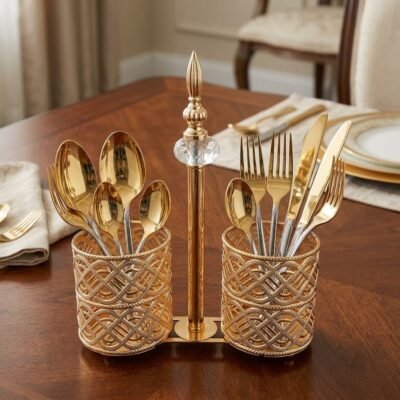 Luxury Dual Cup Golden Cutlery and Spoon Holder Stand