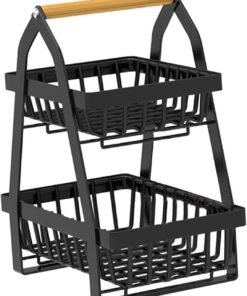 2 Tier Large Metal Wire Storage Organizer Stand with Wood Handle