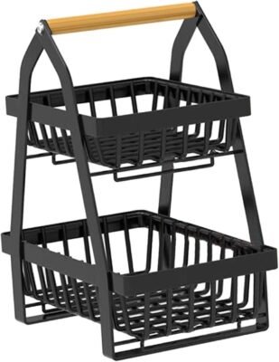 2 Tier Large Metal Wire Storage Organizer Stand with Wood Handle