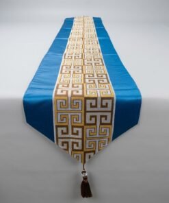 Greek Key Geometric Border Jacquard Table Runner Royal Blue and Gold