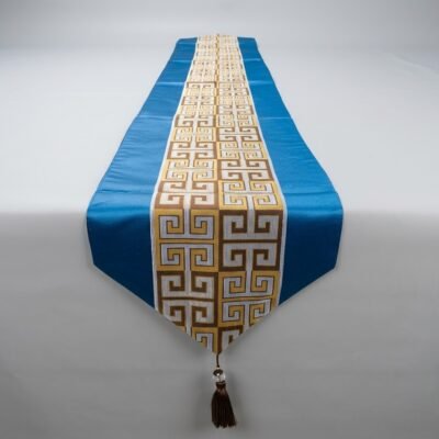 Greek Key Geometric Border Jacquard Table Runner Royal Blue and Gold