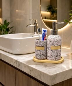 Vintage Terrazzo Mosaic Ceramic Bathroom Accessories Set with Soap Dispenser and Bamboo Tray