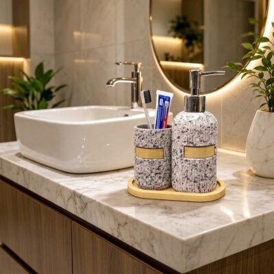 Vintage Terrazzo Mosaic Ceramic Bathroom Accessories Set with Soap Dispenser and Bamboo Tray