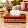 Wooden Tissue Box with Gold Filigree & Red Gem Accents