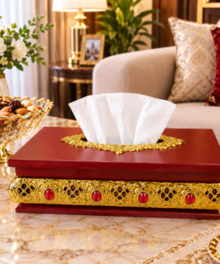 Wooden Tissue Box with Gold Filigree & Red Gem Accents