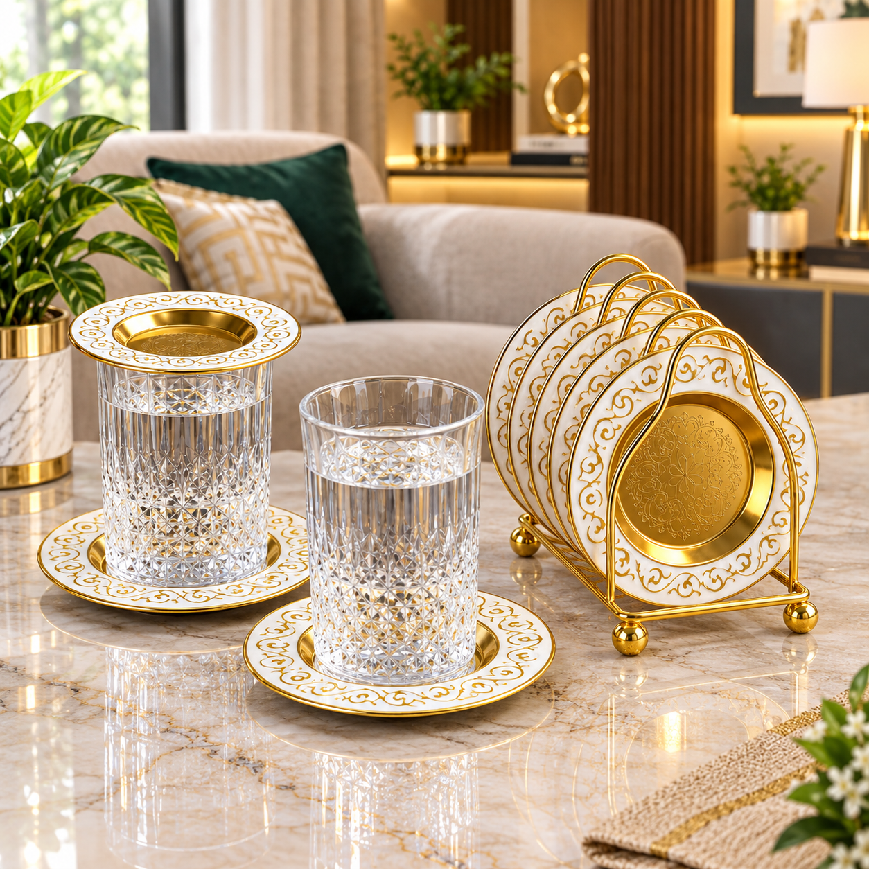 White and Gold Scroll Pattern Mini Serving Plate Set White and Gold Scroll Pattern Mini Serving Plate Set