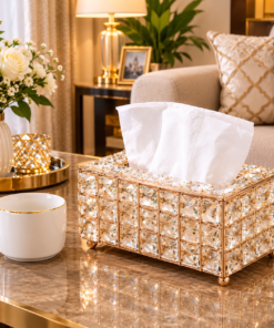 Luxury Sparkle Crystal Tissue Box Cover with Gold Metal Frame