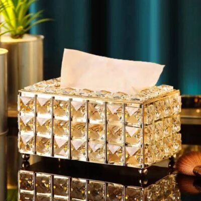 Luxury Sparkle Crystal Tissue Box Cover with Gold Metal Frame