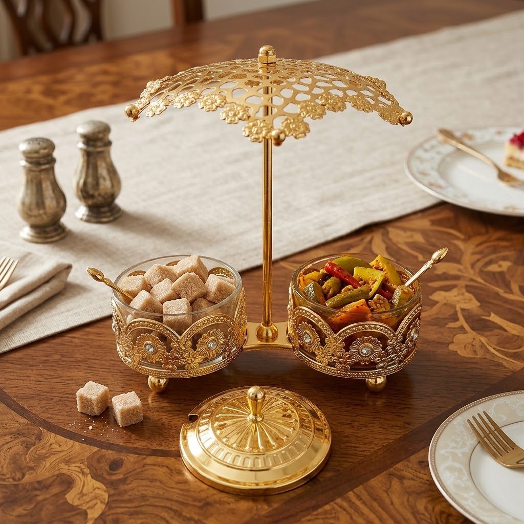 Luxury Umbrella Canopy Twin Sugar Pot andCondiment Server Set Luxury Umbrella Canopy Twin Sugar Pot andCondiment Server Set