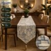 Luxury Brick Mosaic Jacquard Table Runner Slate Grey and Muted Gold Luxury Brick Mosaic Jacquard Table Runner Slate Grey and Muted Gold