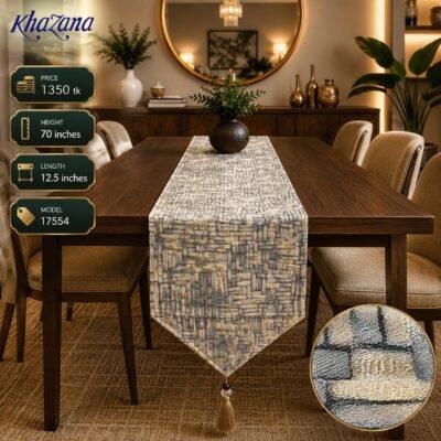 Luxury Brick Mosaic Jacquard Table Runner Slate Grey and Muted Gold